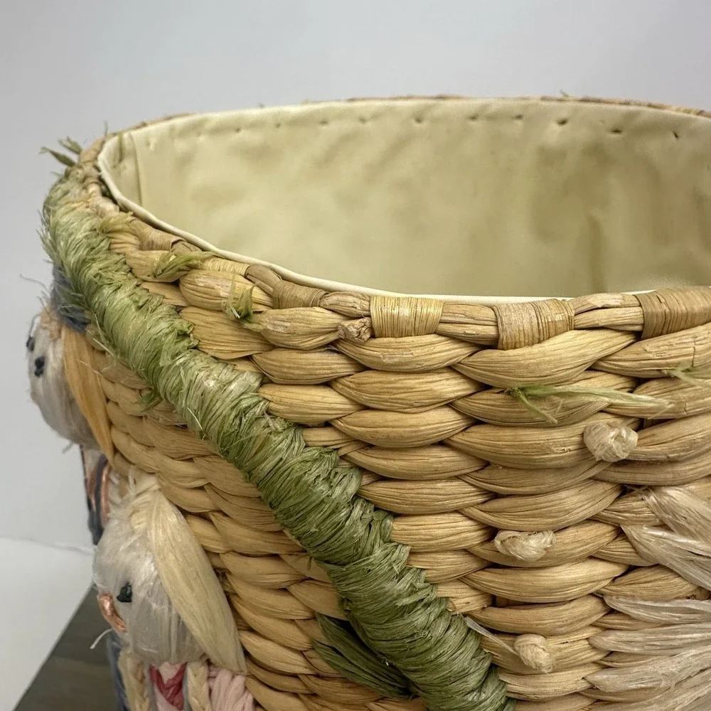 Vintage Woven Straw Raffia Lined Basket Embroidered Scarecrow Whimsical Fall